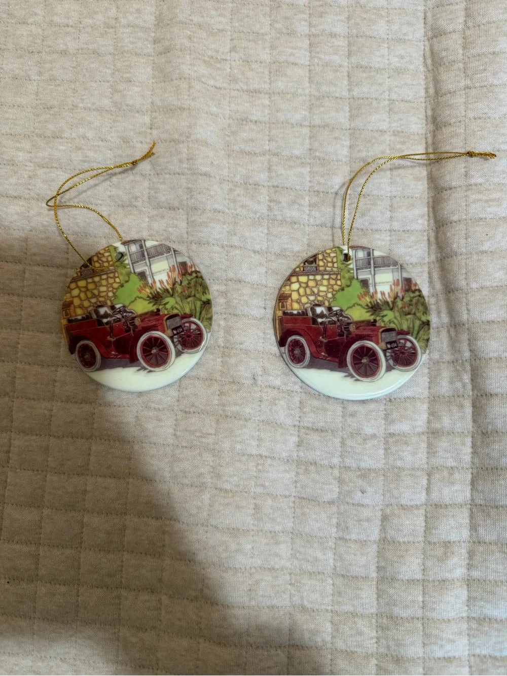 Vintage Red Car Ceramic Holiday Ornament - Set of 2